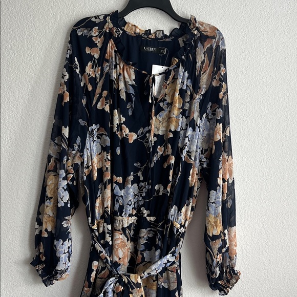 Lauren Ralph Lauren Floral Belted Crinkle Georgette Dress, Plus Size 22W NWT